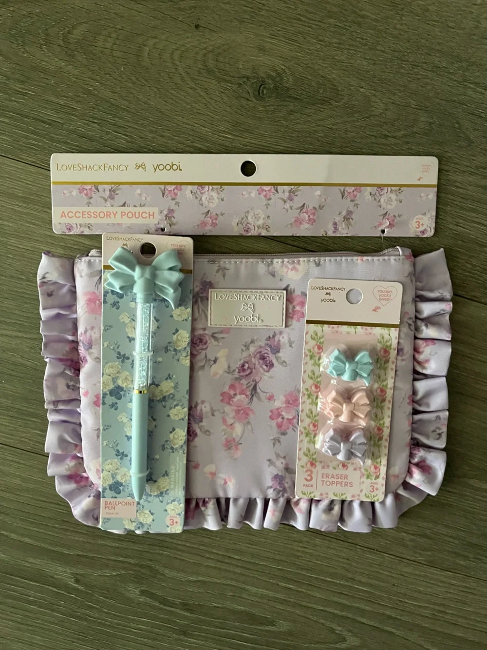 NWT Target x LoveShackFancy Girls Floral Ruffle Pouch, Pen and Eraser Bundle